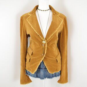 VTG 00s Y2K Tan Gold Corduroy Raw Fringe Trim Long Sleeve Blazer Jacket Sz Med
